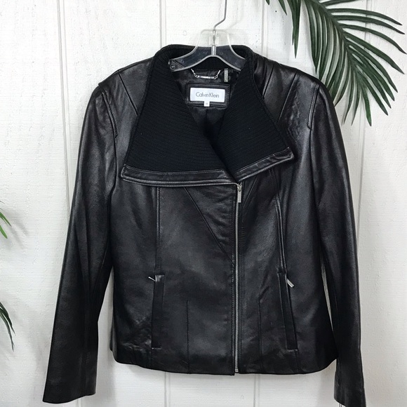 Calvin Klein Black Leather Coat size Large. NWT